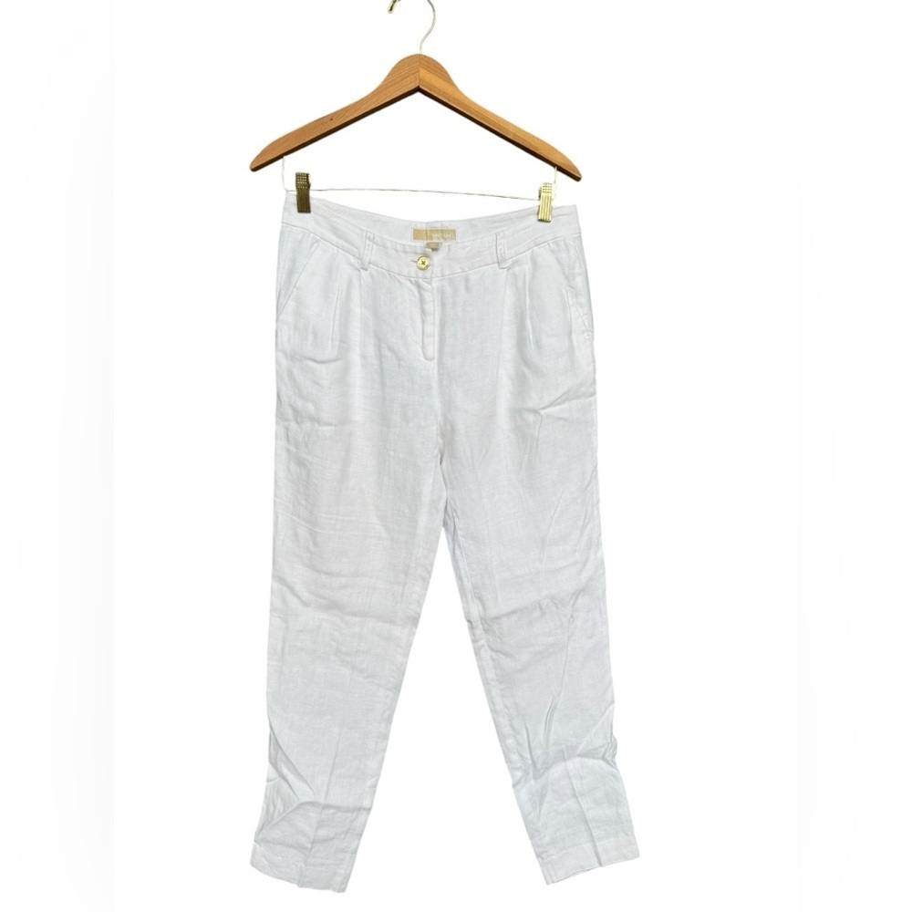 Michael Kors Women’s White 100% Linen Straight Trousers Size 4 Vacation Beach